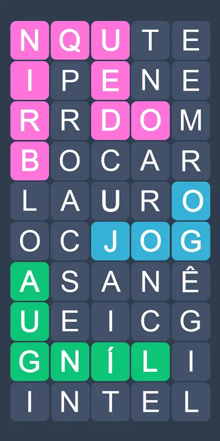 Grelha de letras do Caça Palavras - Fillwords com palavras marcadas a cor