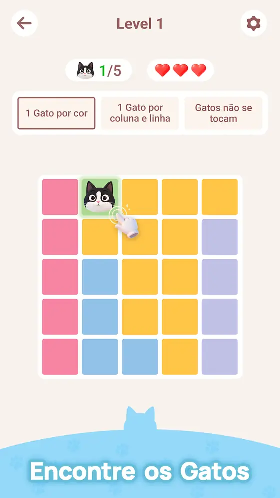 Nível inicial do Meowdoku com a indicação de um gato por cor