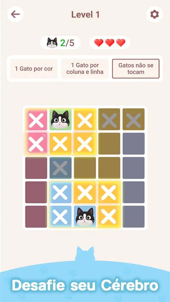 Ecrã do Meowdoku com uma grelha colorida e gatos colocados em regiões diferentes
