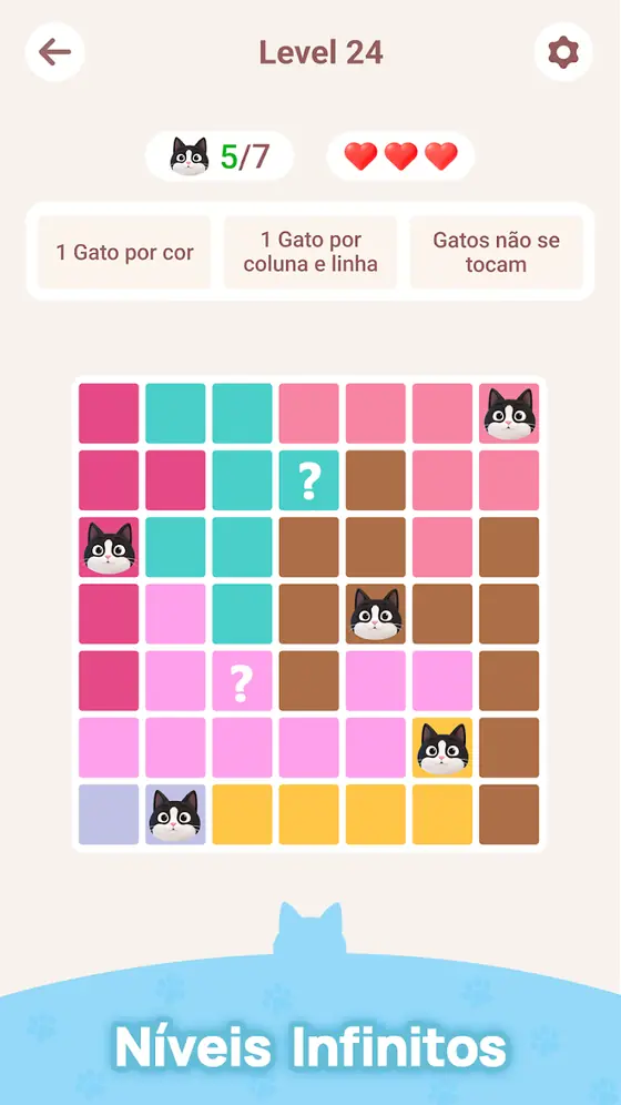 Nível 24 do Meowdoku com uma grelha maior e casas marcadas com interrogação
