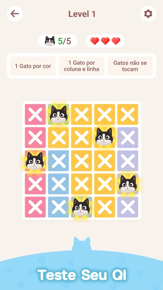 Nível intermédio do Meowdoku com cinco gatos colocados e as regras visíveis no topo