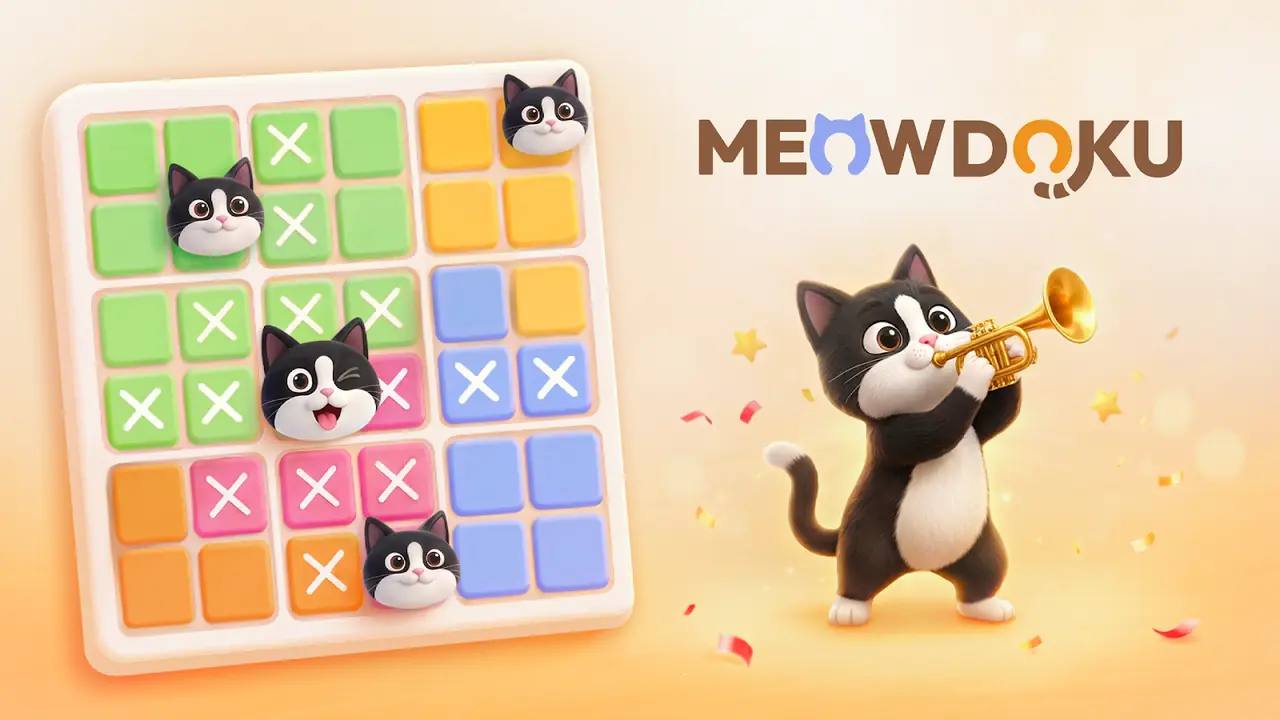 Cartaz do Meowdoku com a grelha de gatos e o gato mascote a tocar trompete