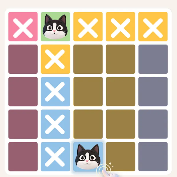 Grelha do Meowdoku com gatos colocados entre quadrados coloridos